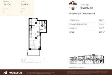 Rzut - Mieszkanie na sprzedaż 1 pokój o powierzchni 25,18 m² - numer 3.A.1.04 w Murapol RiverSide