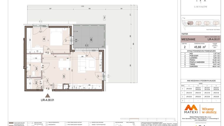 Rzut - Mieszkanie na sprzedaż 2 pokoje o powierzchni 45,66 m² - numer A.00.01 w Takt Lirników