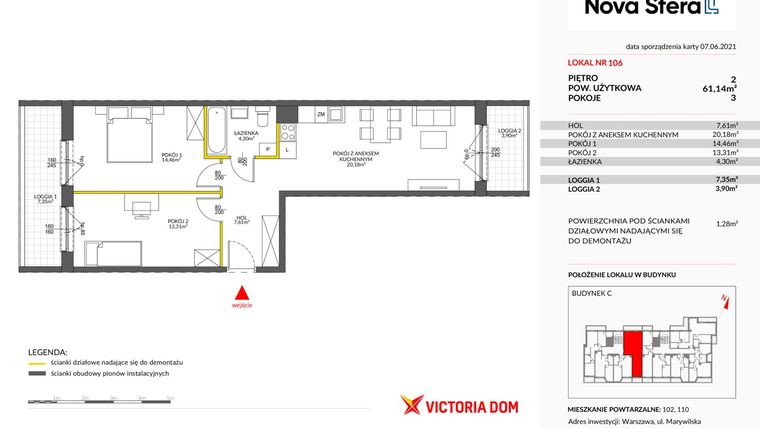 Rzut - Mieszkanie na sprzedaż 3 pokoje o powierzchni 61,14 m² - numer 106 w Miasteczko Nova Sfera