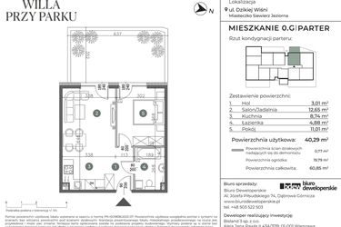 Rzut - Mieszkanie na sprzedaż 2 pokoje o powierzchni 40,29 m² - numer 0.G w Willa przy parku