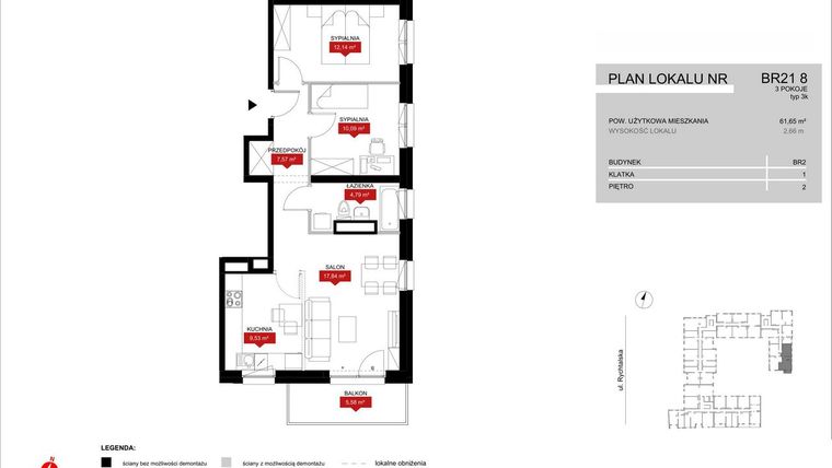 Rzut - Mieszkanie na sprzedaż 3 pokoje o powierzchni 61,96 m² - numer BR21/8 w Browary Wrocławskie 2