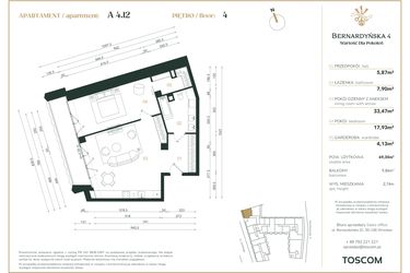 Rzut - Mieszkanie na sprzedaż 2 pokoje o powierzchni 69,3 m² - numer A/4/12 w Bernardyńska 4