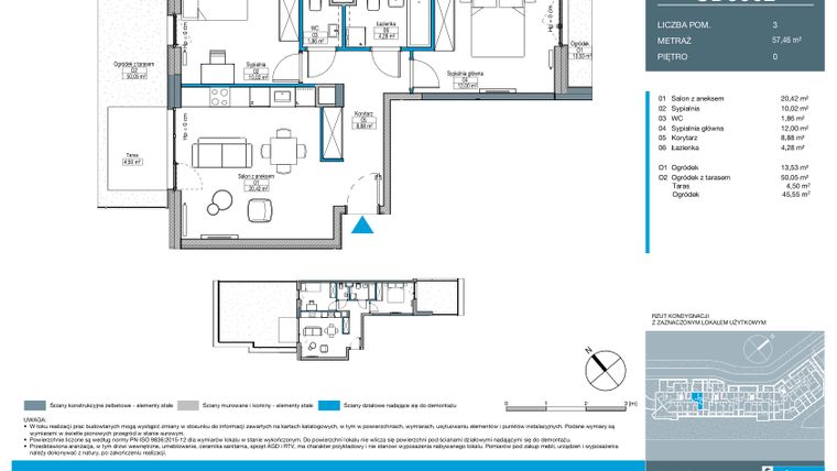 Rzut - Mieszkanie na sprzedaż 3 pokoje o powierzchni 57,46 m² - numer CD0002 w Talarowa Park