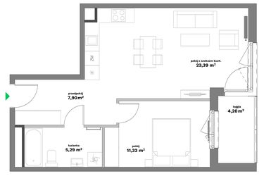 Rzut - Mieszkanie na sprzedaż 2 pokoje o powierzchni 47,91 m² - numer B1-17 w Forma Otwarta etap II