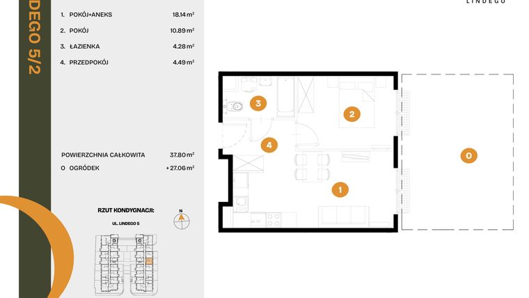 Rzut - Mieszkanie na sprzedaż 2 pokoje o powierzchni 37,8 m² - numer 2 w CLOU LINDEGO