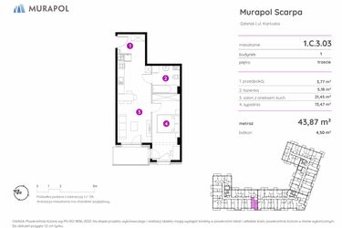 Rzut - Mieszkanie na sprzedaż 2 pokoje o powierzchni 43,87 m² - numer 1.C.3.03 w Murapol Scarpa
