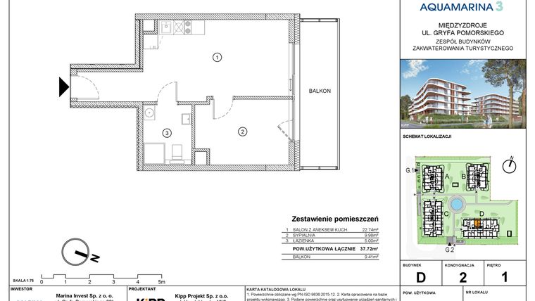 Rzut - Mieszkanie na sprzedaż 2 pokoje o powierzchni 37,73 m² - numer D2.06 w Aquamarina 3