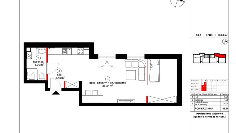 Rzut - Mieszkanie na sprzedaż 2 pokoje o powierzchni 45,6 m² - numer 2 w Czynu Społecznego 65F
