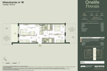 Rzut - Mieszkanie na sprzedaż 4 pokoje o powierzchni 69,12 m² - numer B2/18 w Onelife Powsin