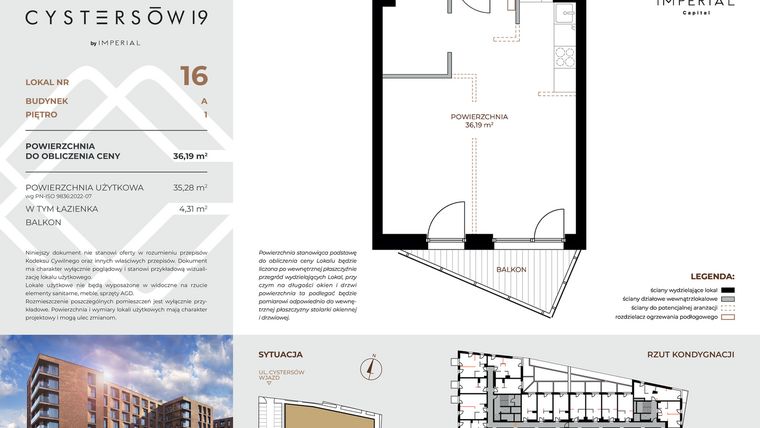 Rzut - Mieszkanie na sprzedaż 1 pokój o powierzchni 36,19 m² - numer 16 w Cystersów 19 - lokale inwestycyjne