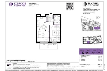 Rzut - Mieszkanie na sprzedaż 2 pokoje o powierzchni 44,14 m² - numer D-14 w Szerokie Residence