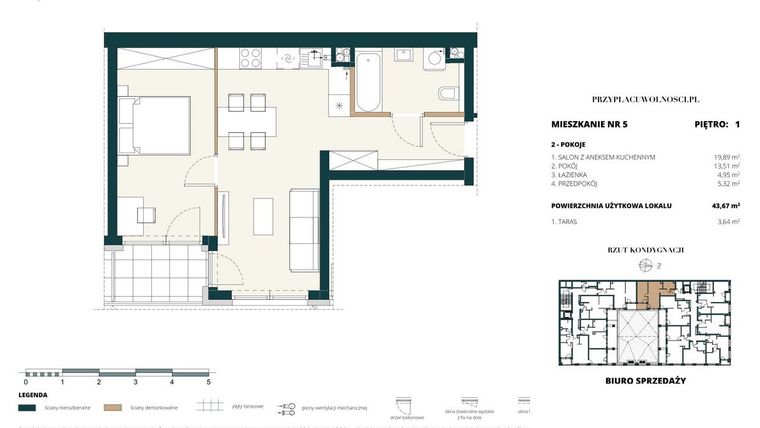 Rzut - Mieszkanie na sprzedaż 1 pokój o powierzchni 43,63 m² - numer 1. M5. w Przy Placu Wolności