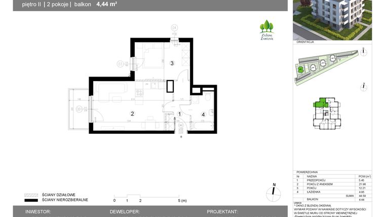 Rzut - Mieszkanie na sprzedaż 2 pokoje o powierzchni 44,59 m² - numer 13G.14 w Zielone Zamienie X