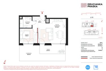 Rzut - Mieszkanie na sprzedaż 2 pokoje o powierzchni 49,22 m² - numer B.0.1 w Drucianka Praska