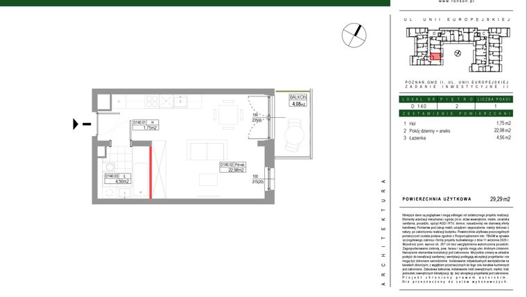 Rzut - Mieszkanie na sprzedaż 1 pokój o powierzchni 29,29 m² - numer D140 w Grunwald Między Drzewami etap III
