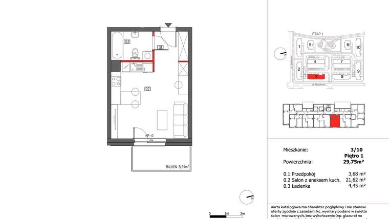 Rzut - Mieszkanie na sprzedaż 1 pokój o powierzchni 29,75 m² - numer 3/10 w Słoneczny Zakątek