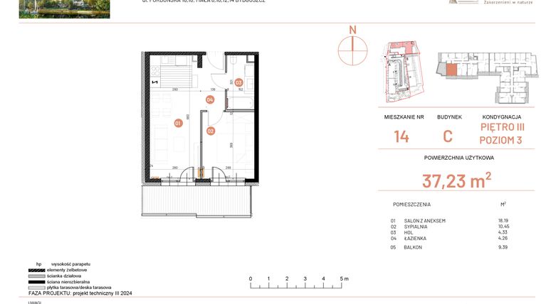 Rzut - Mieszkanie na sprzedaż 2 pokoje o powierzchni 37,23 m² - numer 16.14 w Osiedle Nowe Horyzonty etap II