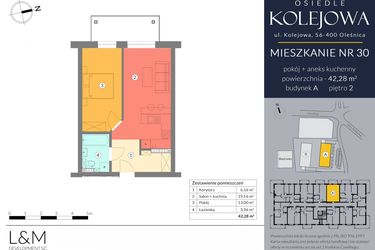 Rzut - Mieszkanie na sprzedaż 2 pokoje o powierzchni 42,28 m² - numer A.30 w Osiedle Kolejowa