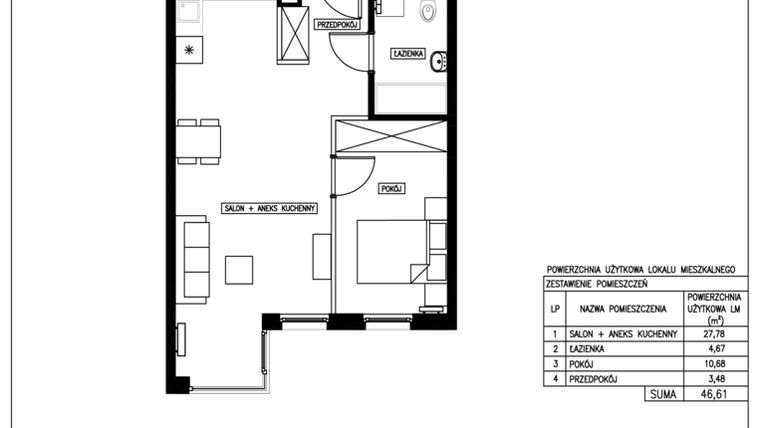 Rzut - Mieszkanie na sprzedaż 2 pokoje o powierzchni 46,61 m² - numer 43 w Nowa Kurkowa
