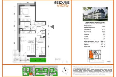 Rzut - Mieszkanie na sprzedaż 3 pokoje o powierzchni 65,9 m² - numer A1/M03/0P w Zielony Brochów 7 - etap A