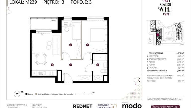 Rzut - Mieszkanie na sprzedaż 3 pokoje o powierzchni 53,5 m² - numer M239 w Osiedle Witaj etap II