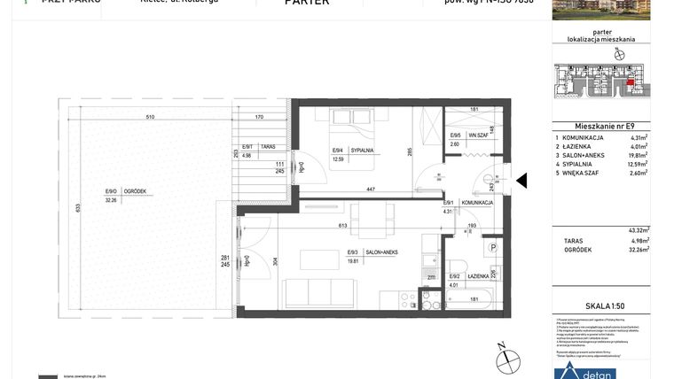 Rzut - Mieszkanie na sprzedaż 2 pokoje o powierzchni 43,32 m² - numer E9 w Osiedle przy Parku