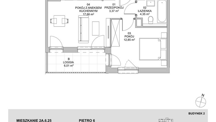 Rzut - Mieszkanie na sprzedaż 2 pokoje o powierzchni 38,23 m² - numer 2A.6.25 w Francuska Park VIIIA