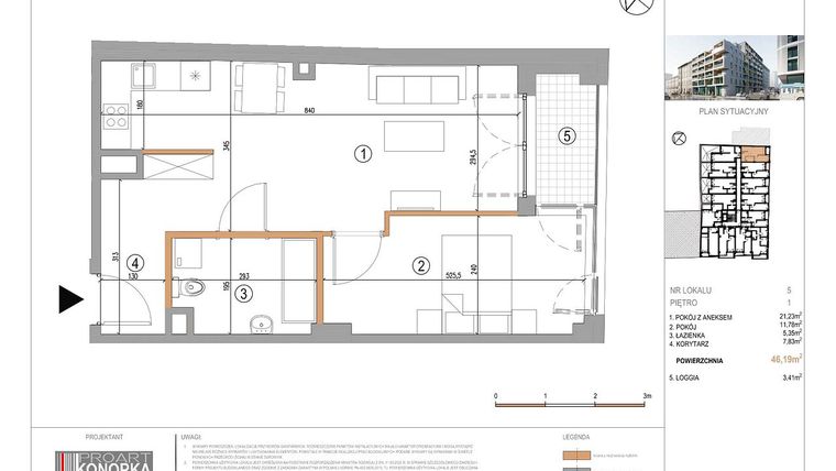 Rzut - Mieszkanie na sprzedaż 2 pokoje o powierzchni 46,19 m² - numer A1/5 w 5th Avenue Apartments