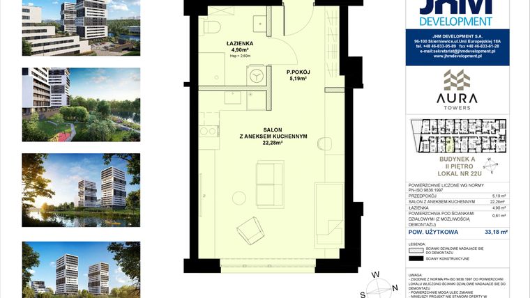Rzut - Mieszkanie na sprzedaż 1 pokój o powierzchni 33,18 m² - numer A.2.22U w Aura Towers