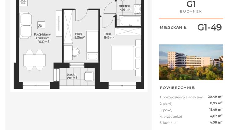 Rzut - Mieszkanie na sprzedaż 3 pokoje o powierzchni 49,63 m² - numer G1-49 w Piasta Park VI