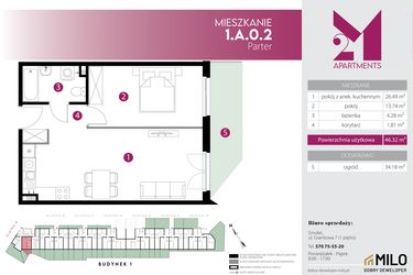 Rzut - Mieszkanie na sprzedaż 2 pokoje o powierzchni 46,32 m² - numer 1.A.0.2 w Maślice Wrocław Milo Dobry Deweloper etap IV