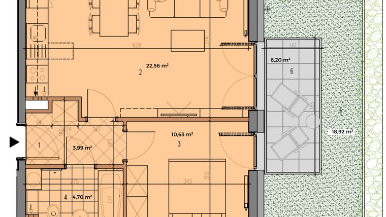 Rzut - Mieszkanie na sprzedaż 2 pokoje o powierzchni 43,08 m² - numer R.1.0.02 w Partynice House II budynek P i R