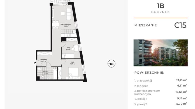 Rzut - Mieszkanie na sprzedaż 3 pokoje o powierzchni 61,33 m² - numer C15 w Na Koszutce