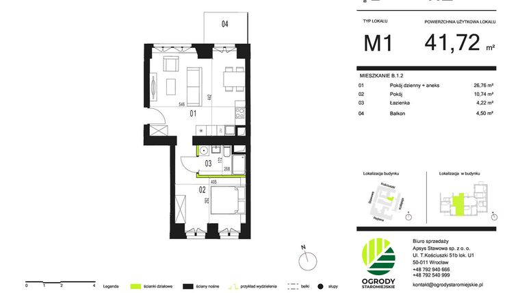 Rzut - Mieszkanie na sprzedaż 2 pokoje o powierzchni 42,08 m² - numer B.1.2 w Ogrody Staromiejskie