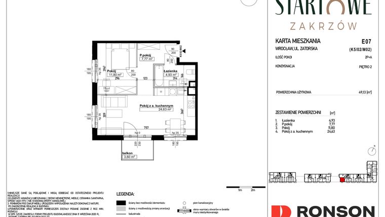 Rzut - Mieszkanie na sprzedaż 2 pokoje o powierzchni 49,13 m² - numer E07 w Osiedle Startowe