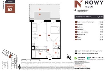 Rzut - Mieszkanie na sprzedaż 2 pokoje o powierzchni 46,27 m² - numer A62-I w Nowy Reden