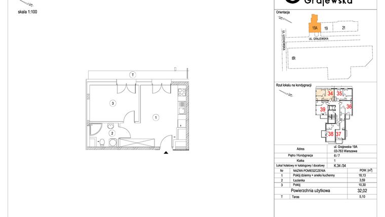 Rzut - Mieszkanie na sprzedaż 2 pokoje o powierzchni 32,23 m² - numer M-34 w Apartamenty Grajewska