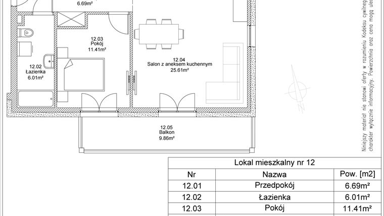 Rzut - Mieszkanie na sprzedaż 2 pokoje o powierzchni 49,72 m² - numer 12 w Apartamenty Jasińskiego