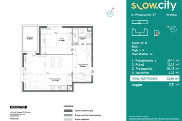 Rzut - Mieszkanie na sprzedaż 2 pokoje o powierzchni 52,2 m² - numer D1-12 w Slow City etap D