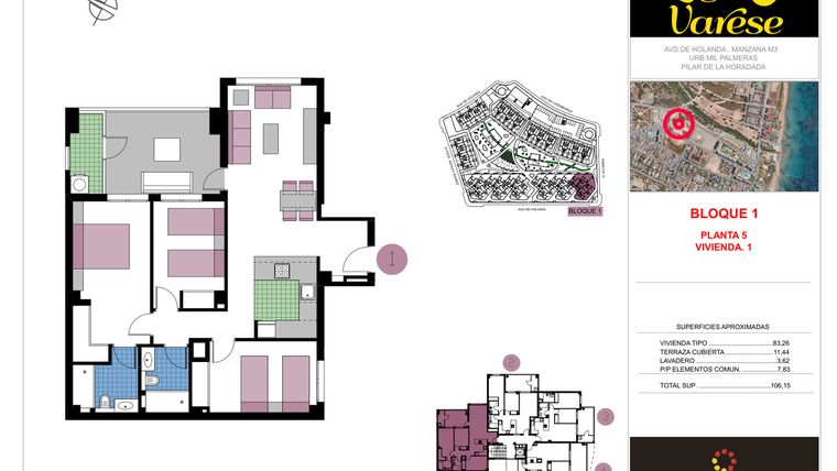 Rzut - Mieszkanie na sprzedaż 3 pokoje o powierzchni 106,15 m² - numer 1-5-B w Residencial Lago Varese