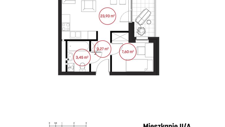 Rzut - Mieszkanie na sprzedaż 2 pokoje o powierzchni 38,25 m² - numer 2A w Żurawiniec Point