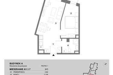 Rzut - Mieszkanie na sprzedaż 2 pokoje o powierzchni 45,14 m² - numer A1.1.7 w ATAL Grabiszyn