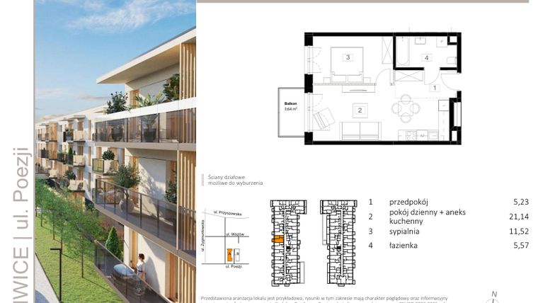 Rzut - Mieszkanie na sprzedaż 2 pokoje o powierzchni 43,46 m² - numer A.14 w Poezji
