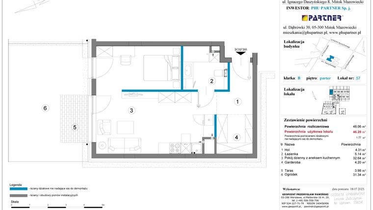 Rzut - Mieszkanie na sprzedaż 1 pokój o powierzchni 48,06 m² - numer B.0.57 w Daszyńskiego Square etap 1