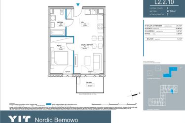 Rzut - Mieszkanie na sprzedaż 2 pokoje o powierzchni 42,6 m² - numer L2.2.10 w Nordic Bemowo - etap III