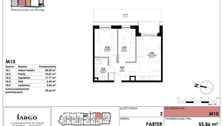 Rzut - Mieszkanie na sprzedaż 3 pokoje o powierzchni 53,62 m² - numer M10 w Kamieniczki za Strugą