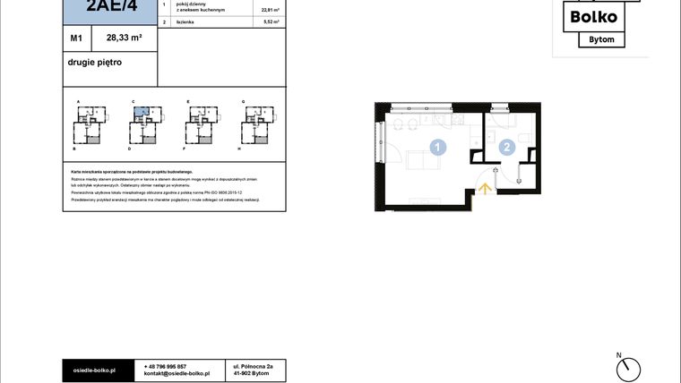 Rzut - Mieszkanie na sprzedaż 1 pokój o powierzchni 28,33 m² - numer 2AE/4 w Osiedle Bolko etap II