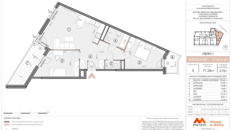 Rzut - Mieszkanie na sprzedaż 3 pokoje o powierzchni 71,24 m² - numer F2.B.01.01 w Bukowińska Mokotów etap 2