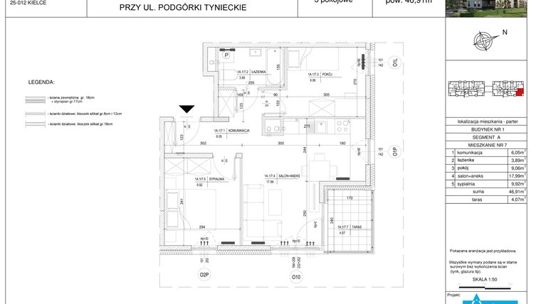 Rzut - Mieszkanie na sprzedaż 3 pokoje o powierzchni 46,91 m² - numer A7 w Podgórki Tynieckie
