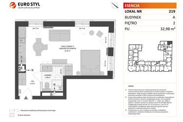 Rzut - Mieszkanie na sprzedaż 1 pokój o powierzchni 32,98 m² - numer A.219 w Esencja - Apartamenty inwestycyjne